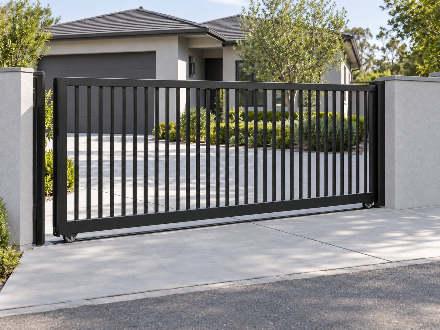 Residential slide gate running along a driveway track